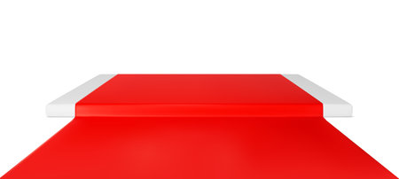 Red carpet and stage for award ceremony isolated on white background. Vector realistic illustration of rectangular podium for film premiere, vip show, product presentation, elegant fashion catwalkのイラスト素材