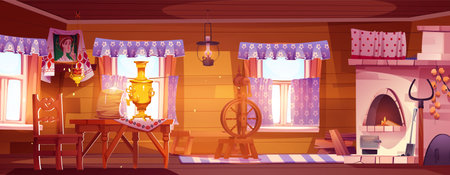 Wooden table in old russian farm kitchen interior vector illustration. Home oven in country cottage. Rural furniture and samovar for traditional tea cooking. Vintage carpet in poor hut environmentのイラスト素材