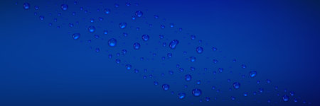 Water droplets on dark blue glossy surface. Background with diagonal composition of condensation drop. Realistic 3d vector illustration of dewy bg with liquid raindrop. Pattern with fresh humid effectのイラスト素材