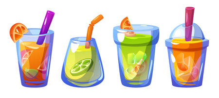 Cold lemonade beverage in glass and plastic takeaway cups with straw. Cartoon vector set of citrus drink with lemon and orange, lime and tangerine slices and pieces, ice cubes and green leaf.のイラスト素材