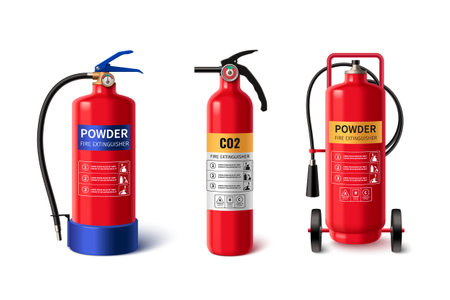 Fire extinguishers set isolated on white background. Vector realistic illustration of 3d red cylinders with firefighting foam and powder, manual instruction stickers, emergency prevention equipmentのイラスト素材