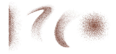 Coffee powder splashes set isolated on white background. Vector realistic illustration of chocolate, cocoa, cinnamon sugar, dust stains on surface, top view of brown granules scattered on tableのイラスト素材