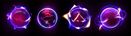 Blue and purple magic glowing balls with light effect. Realistic 3d vector illustration set of fantasy power sphere with thunderbolt and fire flames, plasma and sparkles. Fantasy lightening orb.のイラスト素材