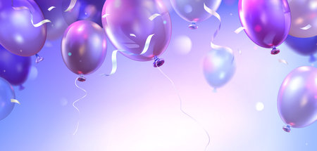 Purple birthday or anniversary horizontal banner with flying helium balloons and confetti ribbons. Realistic 3d vector illustration of holiday surprise celebration and congratulation template.のイラスト素材