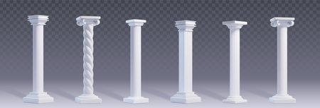 Ancient white marble roman column of different shapes and ornament for Greek architecture building design. 3d vector set of temple and castle pillar elements for facade or porch colonnade decorationのイラスト素材