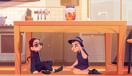 Kid detective spy under wood table in kitchen room for secret. Children talking on floor about security and investigation design. Brother and sister character hide near stove scene illustrationのイラスト素材