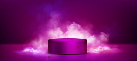 3d pink podium with neon light and cloud vector. Dreamy studio stage for cosmetic product. Nightclub energy pedestal for disco concert or music award backdrop with white smoke. Dark bg designのイラスト素材