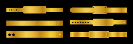 Golden concert festival or business event entrance bracelet ticket mockup. Realistic 3d vector set of gold colored polyester or plastic hand wristband template for identification and admission.のイラスト素材