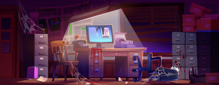 Abandoned broken detective office interior with damaged furniture, blood splashes, lying man legs, cobweb. Cartoon vector illustration of crashed police bureau room. Mess in investigator cabinet.のイラスト素材