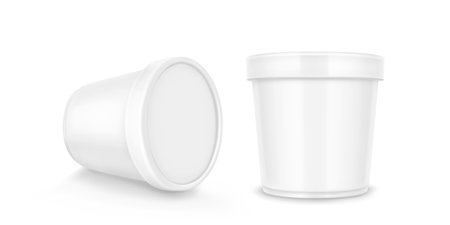 White plastic standing and lying container for ice cream or yogurt storage. Realistic 3d vector illustration set of frozen dairy product bucket mockup. Bank template of milk dessert food package.のイラスト素材