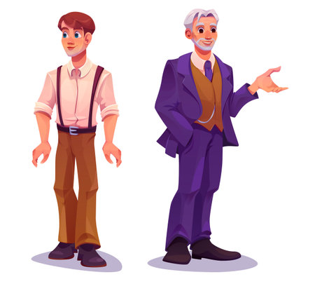Young and senior men isolated on white background. Vector cartoon illustration of handsome guy in shirt smiling, elderly male character with gray hair wearing business suit, human life and agingのイラスト素材