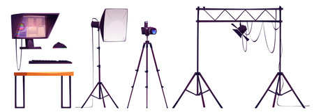 Photo studio equipment set isolated on white background. Vector cartoon illustration of professional camera, softbox and spotlight for illumination, computer for blog or advertising content makingのイラスト素材