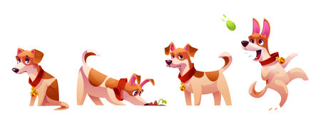 Dog emotions set isolated on white background. Vector cartoon illustration of jack russell terrier puppy sitting lonely and sad, sniffing ground, standing, actively playing with ball, cute pet friendのイラスト素材