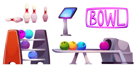 Bowling club equipment set isolated on white background. Vector cartoon illustration of sports center interior design elements, balls and pins, score screen, neon light wall decoration, active leisureのイラスト素材