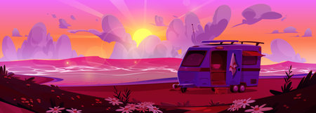 Camper van trailer with open door standing on sea or lake beach with sand, grass and daisy flowers on sunset or sunrise. Pink summer ocean shore landscape with motorhome wagon on camping vacation.のイラスト素材