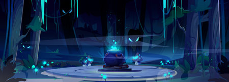 Spooky night forest landscape with glowing poison in witch cauldron on stone round platform, flying ghost with luminous eyes, tree trunks and vines, light up mushrooms and plants, fog in air.のイラスト素材