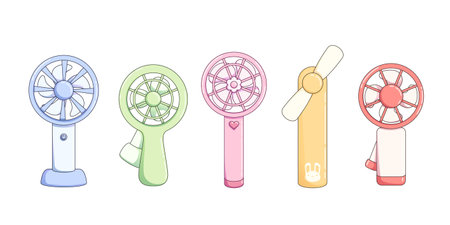 Cute portable electric fan. Cartoon vector illustration set of handheld and stand summer cooling device with propeller. Small air ventilation climate equipment. Handy electronic mini ventilator.のイラスト素材