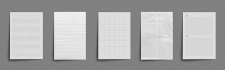 Notebook paper mockup with checkered pattern. Realistic 3d set of white empty caged sheet with wrinkles. Blank template of school stationery folded and crumpled leaflet border torn from notepad.のイラスト素材