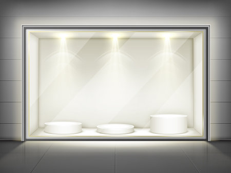 Showcase with glass wall, round podiums and spotlights. Vector realistic mockup of empty display stand, storefront with transparent window for shop, boutique, product presentarion or museum exhibitionのイラスト素材