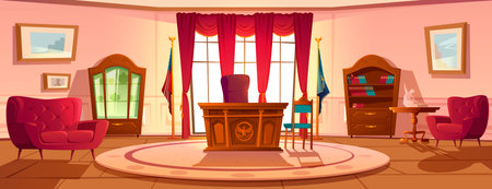 Oval office in White house daytime. Vector cartoon empty interior of american presedent cabinet with vintage wooden furniture, leather chair, retro desk and flag of USAのイラスト素材