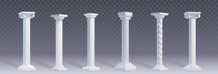 3d ancient column. White marble stone roman pillar. Greece palace building architecture element set. Spiral colonnade sculpture mockup. Realistic classical carved obelisk monument for facadeのイラスト素材