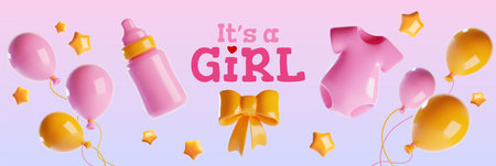 3d pink baby girl shower background. Cute balloon for birth announcement template. Greeting party wallpaper to welcome infant with bottle and star decoration. Horizontal concept with text and bowのイラスト素材
