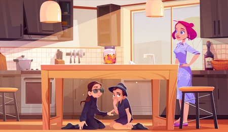 Kid detective hide under kitchen table from mother. Boy agent spy at home for secret with girl in sunglasses. Modern home interior for game environment. Children play in investigation in apartmentのイラスト素材