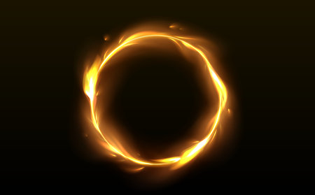 Round fire frame isolated on black background. Vector realistic illustration of flame ring glowing and sparkling in darkness, circular fiery border for magic circus show, heat energy vortex, fireworkのイラスト素材