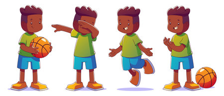 Cute active smiling african kid boy dancing, jumping and standing with basketball ball. Cartoon vector illustration of happy sporty energetic child in different poses during physical activity.のイラスト素材