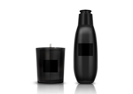 Aroma candle and cosmetic bottle mockup isolated on white background. Vector realistic illustration of glass cup with aromatherapy wax, blank container with spa massage oil or skin care lotionのイラスト素材