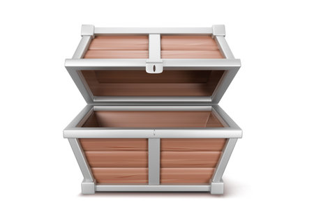 Empty treasure chest isolated on white background. Vector realistic illustration of open wooden and iron crate with unlocked trunk, pirate game asset, antique wealth container for money and gemstonesのイラスト素材