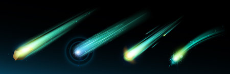 Comet or asteroid fire light trail in space vector. Meteorite fall with flame speed. 3d realistic fireball with dust and sparkle. Glow neon shooting star illustration. Fantasy falling rocket tailのイラスト素材