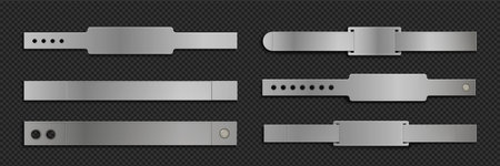 Metal bracelet mockups set isolated on transparent background. Vector realistic illustration of glossy steel or platinum wrist band for access to vip event, ticket to concert, identification itemのイラスト素材