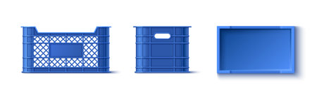Blue plastic crate box for fruits and vegetables storage. Realistic 3d vector illustration set of empty market or farm warehouse and delivery basket. Reusable container for grocery transportation.のイラスト素材