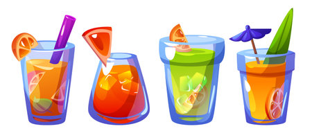 Fruit cocktails set isolated on white background. Vector cartoon illustration of glasses with icy lemonade, fresh mint and citrus beverages with pieces of lime, lemon, orange, summer bar menu iconsのイラスト素材