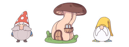 Cute garden spring and summer traditional decoration - figurine of dwarf gnome and mushroom house with window and door. Cartoon vector funny small fairytale character. Fantasy leprechaun with home.のイラスト素材