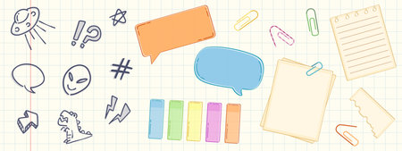 Note stickers with cute doodle elements for diary or bullet journal design. Vector set of planner or scrapbook memo frames and banners, bookmarks and paper clips, hand drawn decoration icons.のイラスト素材