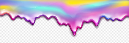 Rainbow slime splash isolated on transparent background. Vector realistic illustration of color gradient liquid substance dripping down surface, abstract colorful glitter, iridescent fluid borderのイラスト素材