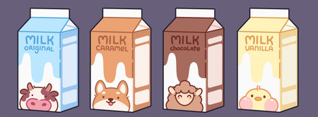 Children milk in cardboard package with original and vanilla, chocolate and caramel flavor and kawaii animal characters image. Cartoon vector dairy drink milkshake with cute funny face on carton box.のイラスト素材