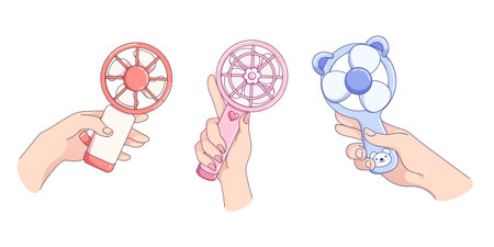 Electric hand fans set isolated on white background. Contemporary vector cartoon illustration of people holding portable ventilators with button and propeller for fresh air in hot summer weatherのイラスト素材
