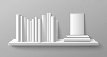 Bookshelf mockup isolated on gray background. Vector realistic illustration of blank books with white covers on wall shelf, library or literature shop bookcase, publishing business, reading hobbyのイラスト素材