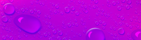 Bright horizontal banner with clear water droplets and puddles pattern on violet background. Realistic 3d vector illustration of smooth glass or window surface with wet weather fresh raindrops.のイラスト素材