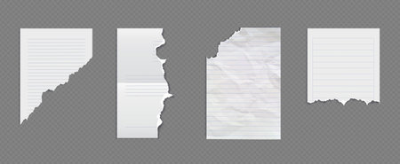 Crumpled torn white school lined notebook paper with rough cut off edges for scrapbook or writing message. Realistic 3d vector set of blank wrinkled ripped notepaper page mockup with rule lines.のイラスト素材
