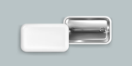 Mockup of white rectangular pin badge displaying back view with metallic clasp and smooth blank...