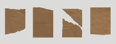 Crumpled torn brown kraft paper with rough cut off edges for scrapbook or writing message. Realistic 3d vector set of blank wrinkled ripped craft sketchbook or newspaper notepaper page mockup.のイラスト素材