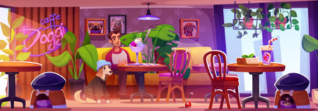 Cozy dog friendly cafe interior. Man sitting at table with his puppy enjoying ice cream dessert. Cartoon vector cafeteria indoor with cute pet portraits on wall, plants in pot, animals toys and housesのイラスト素材