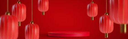 Chinese New Year or Asian festival sale or presentation with red cylinder product podium or scene, hanging paper lanterns with gold details in studio room interior. Realistic 3d oriental greeting bg.のイラスト素材