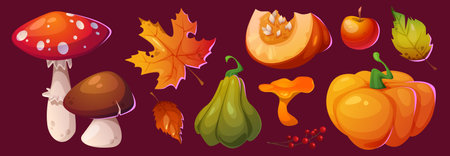 Autumn leaves icon. Fall pumpkin and mushroom set. Forest harvest cartoon illustration for Thanksgiving. September, October and November nature decoration isolated drawing. Orange chanterelle graphicのイラスト素材