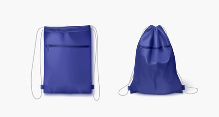 Drawstring backpack mockup. String pouch sport bag for gym. 3d fabric sack on rope realistic isolated illustration. Blank nylon fitness rucksack design for branding. Carry clothes on strap with pocketのイラスト素材