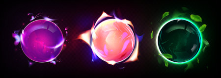 Energy light ball. Magic power glow effect sphere. Fire orb and neon plasma burst abstract game icon. Nature green portal with leaves illustration. Purple electric explosion isolated round elementのイラスト素材